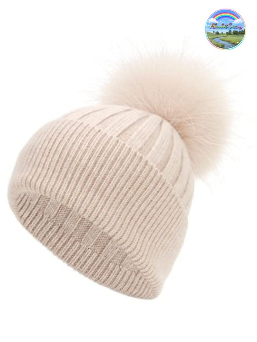 Womens Winter Ribbed Cuffed Beanie Skull Cap with Genuine Raccoon Fur Pom